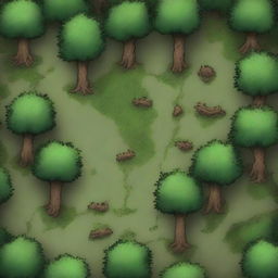 Generate a top-down view image depicting a small forest battle map for Dungeons & Dragons, complete with dense trees, hidden paths, and strategic points