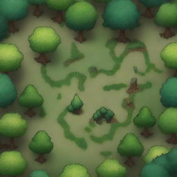 Generate a top-down view image depicting a small forest battle map for Dungeons & Dragons, complete with dense trees, hidden paths, and strategic points