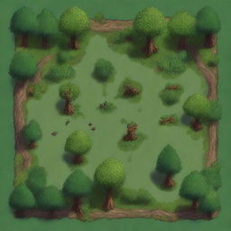 Generate a top-down view image depicting a small forest battle map for Dungeons & Dragons, complete with dense trees, hidden paths, and strategic points