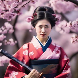 A Japanese lady samurai in traditional clothes, brandishing a katana, surrounded by cherry blossoms.