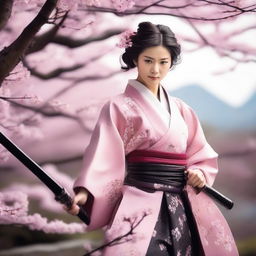 A Japanese lady samurai in traditional clothes, brandishing a katana, surrounded by cherry blossoms.