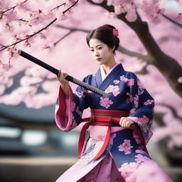 A Japanese lady samurai in traditional clothes, brandishing a katana, surrounded by cherry blossoms.