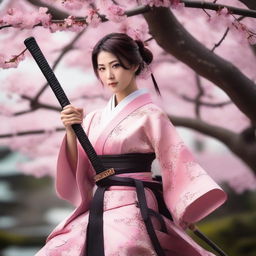 A Japanese lady samurai in traditional clothes, brandishing a katana, surrounded by cherry blossoms.