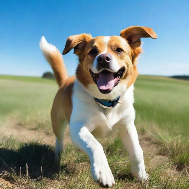 Generate an image of a charming, good-natured dog playing in an open field under a clear blue sky.