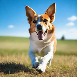 Generate an image of a charming, good-natured dog playing in an open field under a clear blue sky.