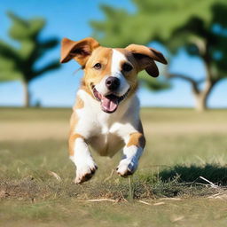 Generate an image of a charming, good-natured dog playing in an open field under a clear blue sky.