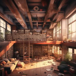 Design a three-story building - a messy ground floor, a cozy hostel on the second floor, and a quiet, studious library on the third floor.