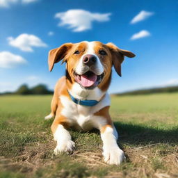 Generate an image of a charming, good-natured dog playing in an open field under a clear blue sky.