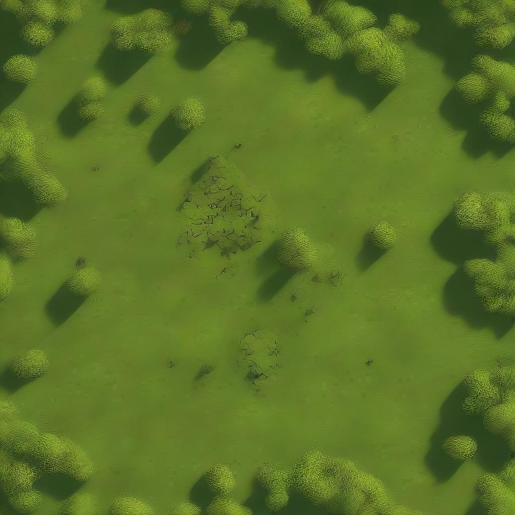 Generate a top-down view image of a large, open grassy plain battlefield, suitable for a Dungeons & Dragons game, complete with diverse terrain features