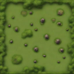 Generate a top-down view image of a large, open grassy plain battlefield, suitable for a Dungeons & Dragons game, complete with diverse terrain features