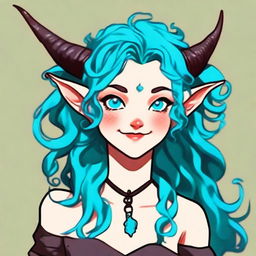 Generate a portrait of a charming female tiefling with bright blue skin and curly cyan hair, radiating an incredible level of cuteness