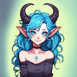 Generate a portrait of a charming female tiefling with bright blue skin and curly cyan hair, radiating an incredible level of cuteness