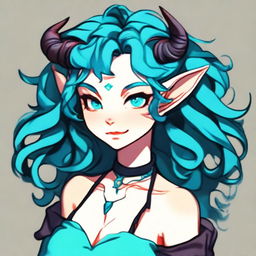 Generate a portrait of a charming female tiefling with bright blue skin and curly cyan hair, radiating an incredible level of cuteness