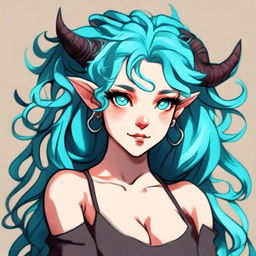 Generate a portrait of a charming female tiefling with bright blue skin and curly cyan hair, radiating an incredible level of cuteness