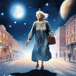 An elderly woman gracefully crossing a bustling street, constructed in outer space above the lunar surface with radiant stars and galaxies in the backdrop