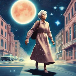 An elderly woman gracefully crossing a bustling street, constructed in outer space above the lunar surface with radiant stars and galaxies in the backdrop