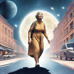 An elderly woman gracefully crossing a bustling street, constructed in outer space above the lunar surface with radiant stars and galaxies in the backdrop