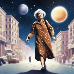 An elderly woman gracefully crossing a bustling street, constructed in outer space above the lunar surface with radiant stars and galaxies in the backdrop