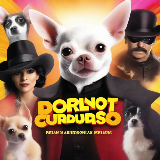 Create a vibrant Nickelodeon style movie poster featuring Beka, a white chihuahua undercover as Zorro, dueling against the female villain, Zorraine