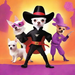 Create a vibrant Nickelodeon style movie poster featuring Beka, a white chihuahua undercover as Zorro, dueling against the female villain, Zorraine