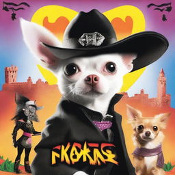 Create a vibrant Nickelodeon style movie poster featuring Beka, a white chihuahua undercover as Zorro, dueling against the female villain, Zorraine