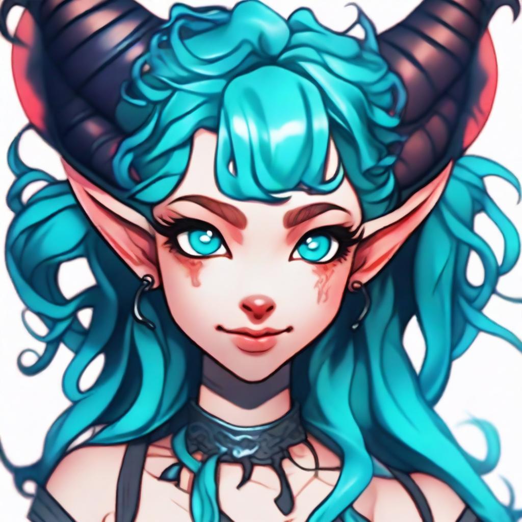 Create a striking portrait of a cute female Tiefling. Her skin is a vivid blue, and her hair is a whirl of curly cyan.