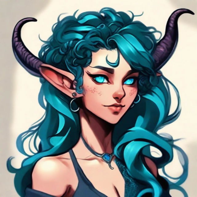 Create a striking portrait of a cute female Tiefling. Her skin is a vivid blue, and her hair is a whirl of curly cyan.