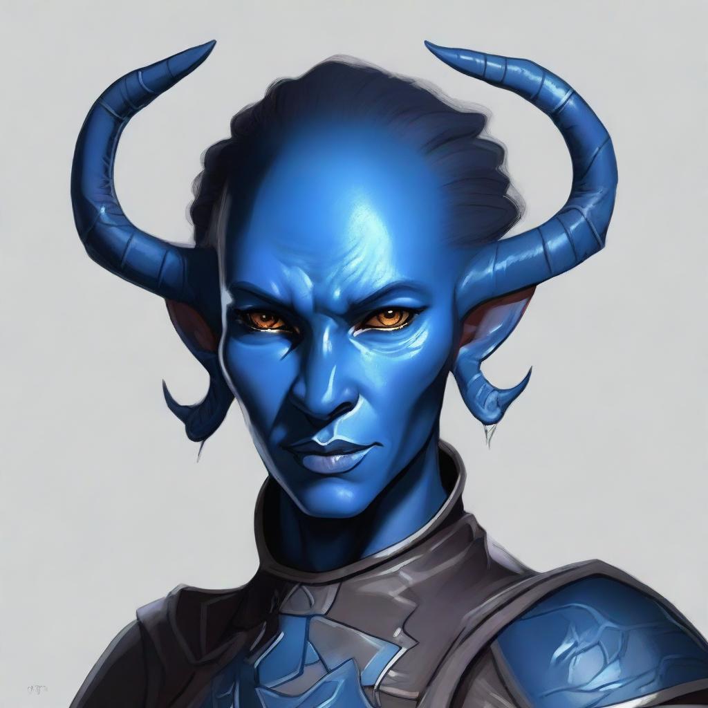 Make adjustments to the female tiefling's portrait to ensure her skin is depicted as an unmistakable shade of blue, enhancing her unique look