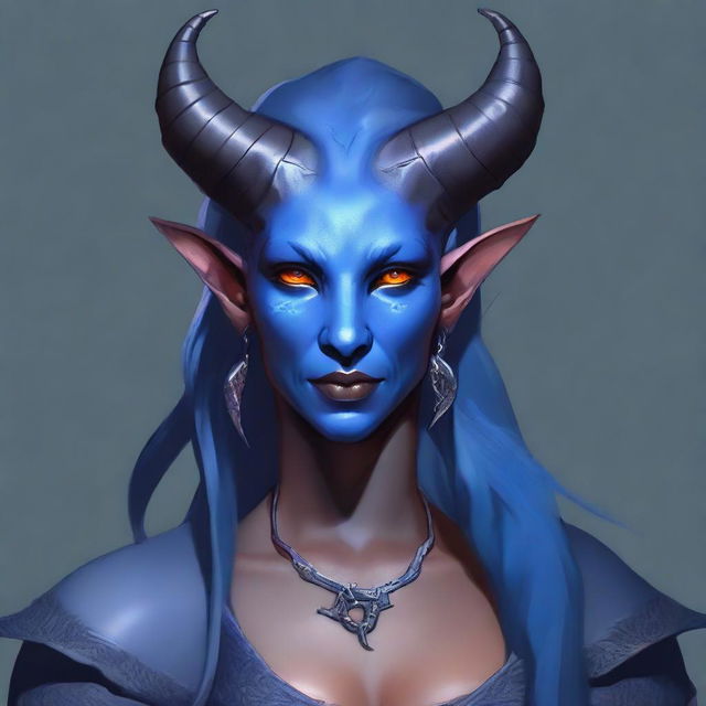 Make adjustments to the female tiefling's portrait to ensure her skin is depicted as an unmistakable shade of blue, enhancing her unique look