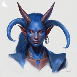 Make adjustments to the female tiefling's portrait to ensure her skin is depicted as an unmistakable shade of blue, enhancing her unique look