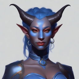 Make adjustments to the female tiefling's portrait to ensure her skin is depicted as an unmistakable shade of blue, enhancing her unique look