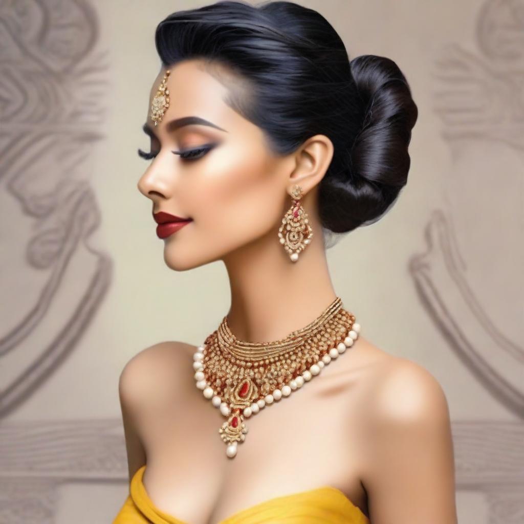 A graceful woman elegantly dressed, her outfit accentuated by a unique, intricately designed name necklace adorning her neck.