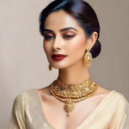 A graceful woman elegantly dressed, her outfit accentuated by a unique, intricately designed name necklace adorning her neck.