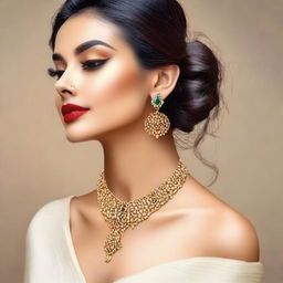 A graceful woman elegantly dressed, her outfit accentuated by a unique, intricately designed name necklace adorning her neck.