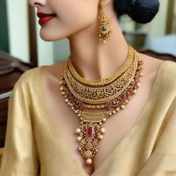 A graceful woman elegantly dressed, her outfit accentuated by a unique, intricately designed name necklace adorning her neck.