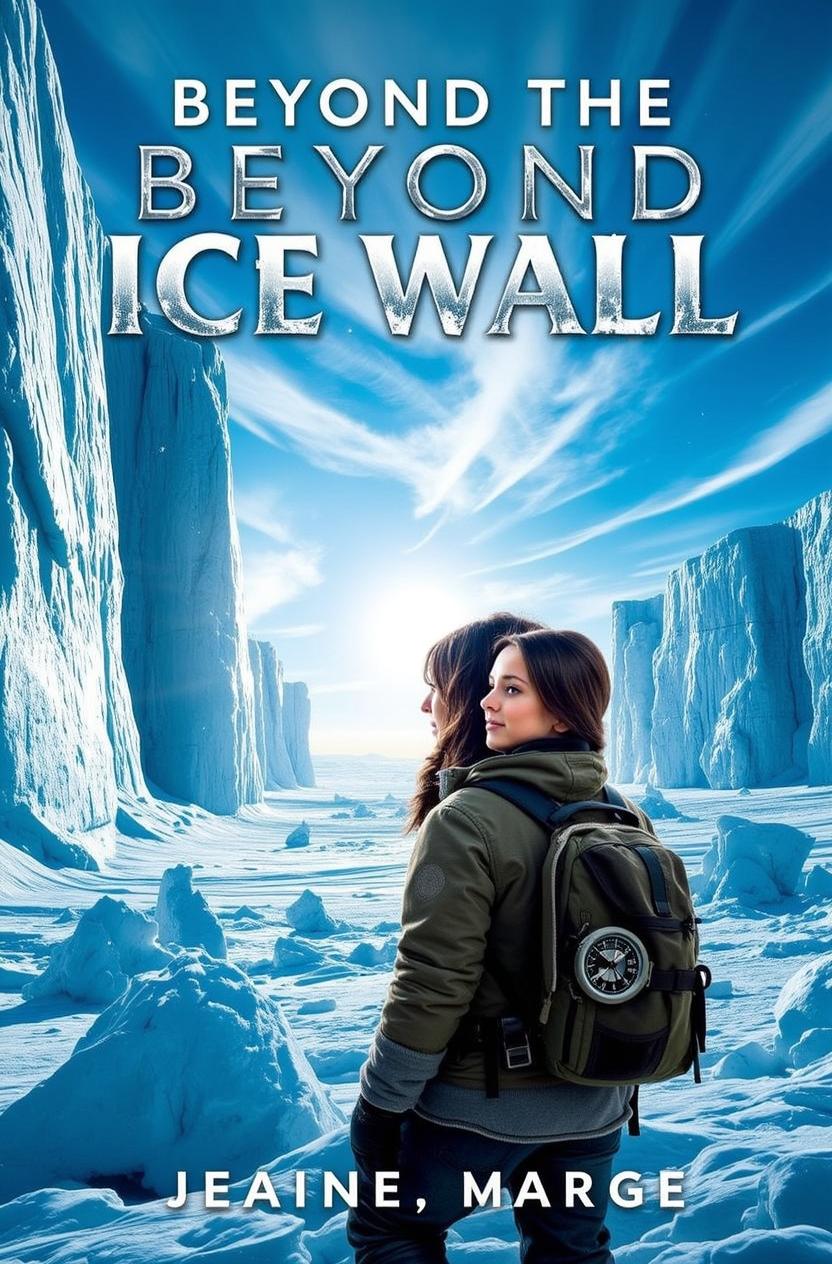 A captivating fantasy book cover featuring two adventurous girls standing at the foot of a massive ice wall