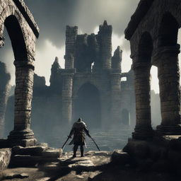 Generate an image depicting a gritty, atmospheric scene from the game Dark Souls 2 with a brave knight standing amidst ancient ruins