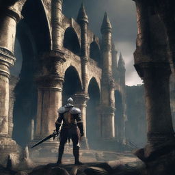 Generate an image depicting a gritty, atmospheric scene from the game Dark Souls 2 with a brave knight standing amidst ancient ruins