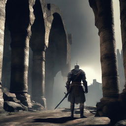 Generate an image depicting a gritty, atmospheric scene from the game Dark Souls 2 with a brave knight standing amidst ancient ruins