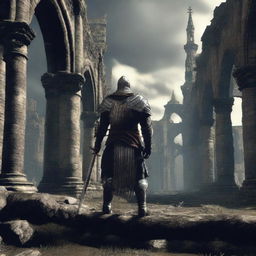 Generate an image depicting a gritty, atmospheric scene from the game Dark Souls 2 with a brave knight standing amidst ancient ruins