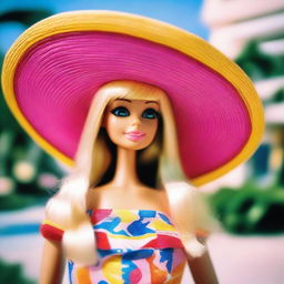 An image taken with a Kodak Gold 400 effect of Barbie doll wearing a vibrant, wide-brimmed sombrero.