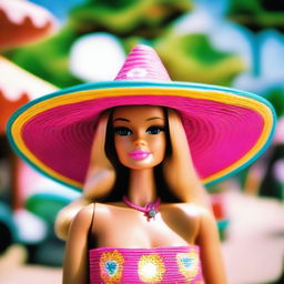 An image taken with a Kodak Gold 400 effect of Barbie doll wearing a vibrant, wide-brimmed sombrero.