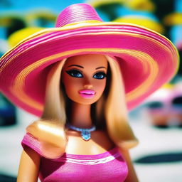 An image taken with a Kodak Gold 400 effect of Barbie doll wearing a vibrant, wide-brimmed sombrero.