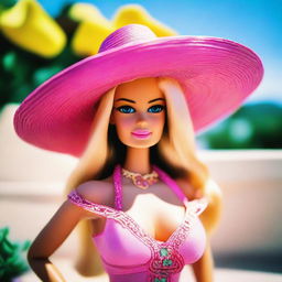 An image taken with a Kodak Gold 400 effect of Barbie doll wearing a vibrant, wide-brimmed sombrero.