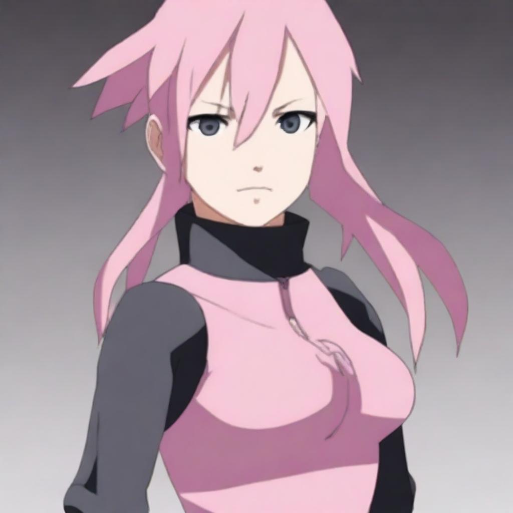 Generate an image of Sakura Haruno, the kunoichi from the Naruto series, in her classic outfit with pink hair and forehead protector