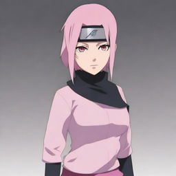 Generate an image of Sakura Haruno, the kunoichi from the Naruto series, in her classic outfit with pink hair and forehead protector