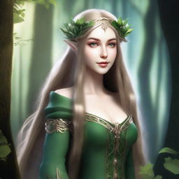 Generate an image of a female elf with long, flowing hair, pointed ears, dressed in elegant, nature-inspired attire amidst an enchanted forest