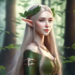 Generate an image of a female elf with long, flowing hair, pointed ears, dressed in elegant, nature-inspired attire amidst an enchanted forest