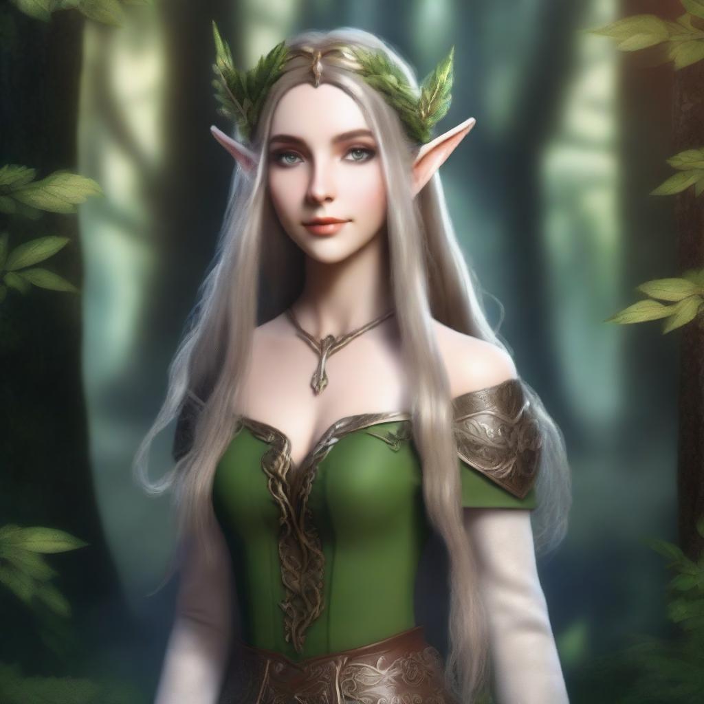 Generate an image of a female elf with long, flowing hair, pointed ears, dressed in elegant, nature-inspired attire amidst an enchanted forest