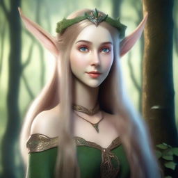 Generate an image of a female elf with long, flowing hair, pointed ears, dressed in elegant, nature-inspired attire amidst an enchanted forest